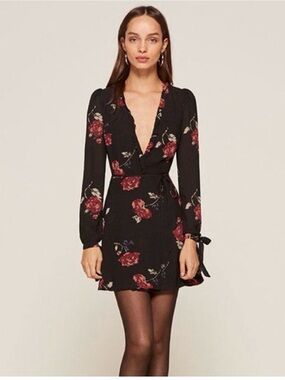 Reformation Delta -Black Floral Wrap Long-Sleeve Mini Dress
